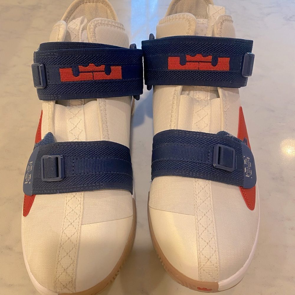 Nike LeBron Soldiers. White. Accent in red and blue.